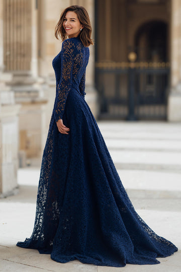 Robe longue mère de la mariée en dentelle à col haut marine avec manches